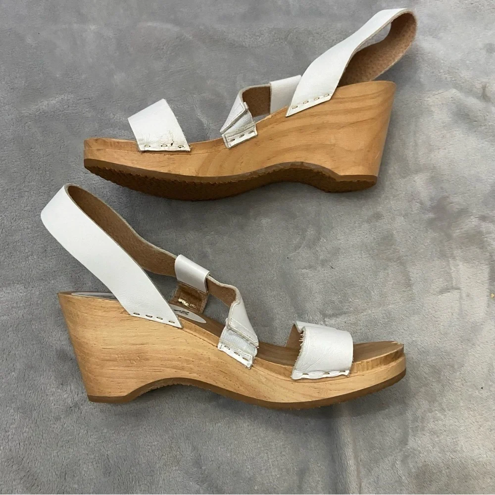 Free People Dune White Leather Strappy Wooden Wedge Beach Clog Sandals Size 38